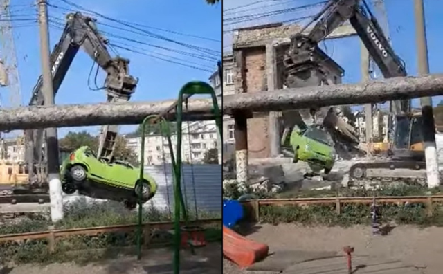 Screenshot 2021 09 15 at 18 48 22 Momentul în care un excavator distruge o mașină parcată în preajma unui șantier din Chișipng